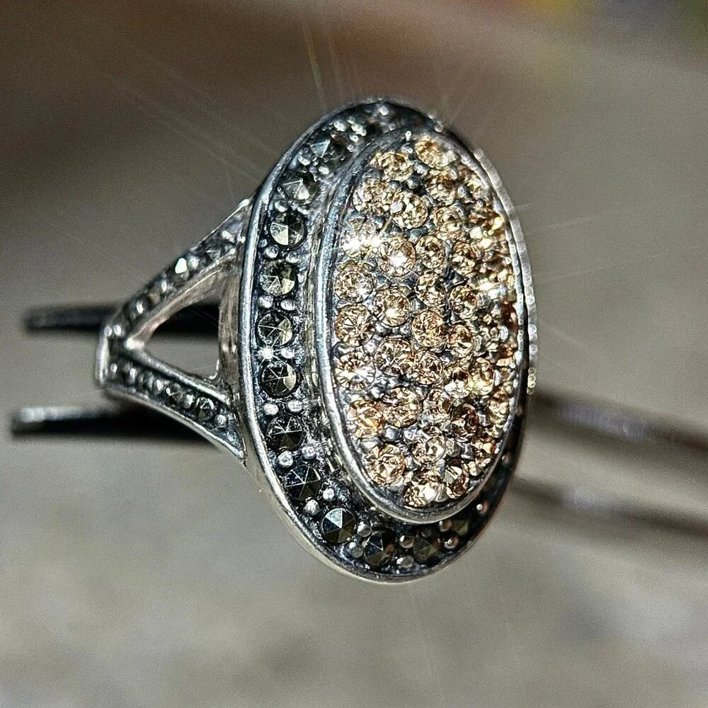 Champagne Stones/Black Marcasites Silver‎ 925 Ring